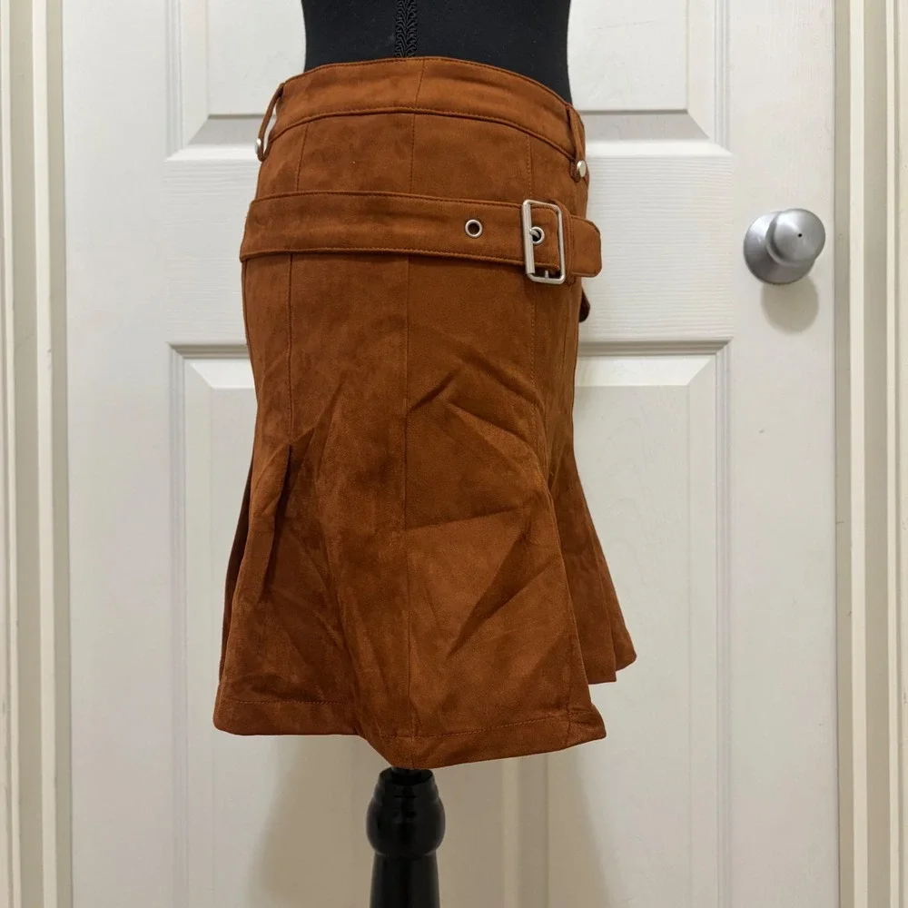 NEW Jacquie the Label Mini Skirt Faux Suede Brown Pleated Buckle Western Cowgirl